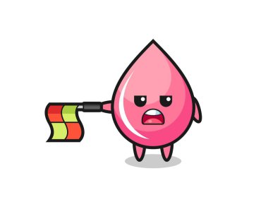 Çizgi hakemi olarak çilek suyu karakteri bayrağı yatay tut, tişört, etiket, logo elementi için şirin bir tasarım yap