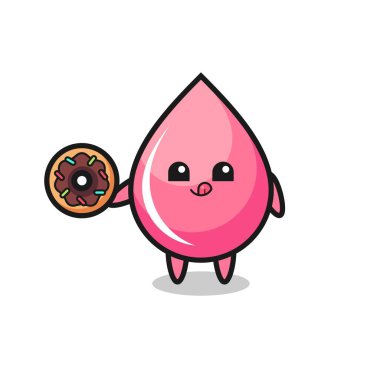 Donut yiyen çilek suyu karakteri tasviri. Tişört, etiket, logo elementi için şirin bir tasarım.