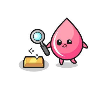 Çilek suyu karakteri altın külçesinin orijinalliğini kontrol ediyor. Tişört, çıkartma, logo elementi için şirin bir tasarım.