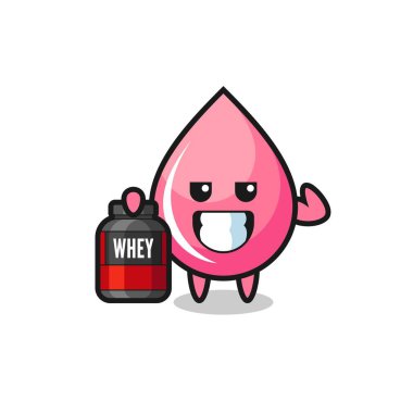 Kaslı çilek suyu karakteri bir protein takviyesi tutuyor. Tişört, etiket, logo elementi için şirin bir tasarım.