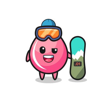 Snowboard stili çilek suyu karakteri, tişört, etiket, logo elementi için şirin bir tasarım.