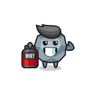 Kas taşı karakteri bir protein takviyesi tutuyor. Tişört, etiket, logo elementi için şirin bir tasarım.