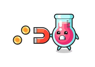 Laboratuar beher karakteri altın sikkeleri yakalamak için bir mıknatıs tutar, tişört, etiket, logo elementi için şirin bir tasarım.