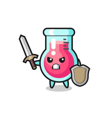 Şirin bir laboratuvar deney şişesi askeri kılıçla ve kalkanla savaşıyor. Tişört, çıkartma, logo elementi için şirin bir tasarım.