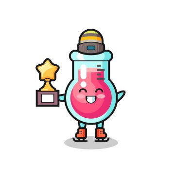 Laboratuvar beher karikatürü. Buz patencisi. Kazanan kupa, tişört, etiket, logo elementi için şirin bir tasarım.