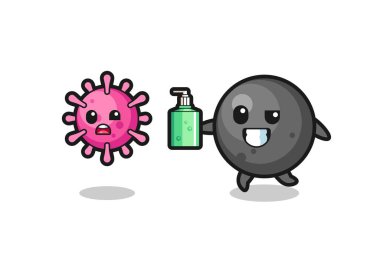 Top güllesi karakteri el dezenfektanı ile kötü virüsü kovalıyor tişört, çıkartma, logo elementi için şirin bir tasarım.