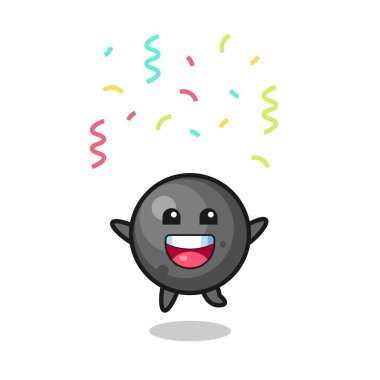 Renkli konfetiyle tebrik etmek için zıplayan mutlu top güllesi maskotu tişört, çıkartma, logo elementi için şirin bir tasarım.