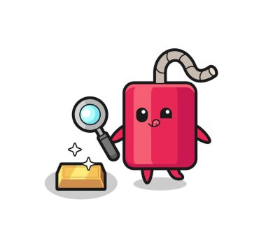 Dinamit karakteri altın külçesinin orijinalliğini kontrol ediyor, tişört, çıkartma, logo elementi için şirin bir tasarım.