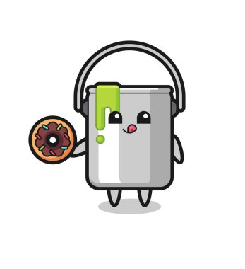 Tişört, çıkartma, logo elementi için şirin bir tasarım olan çöreği yiyen bir boya tenekesi karakteri tasviri