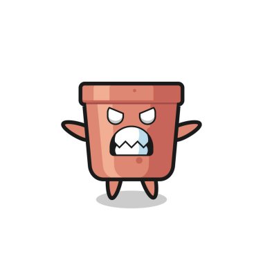 Çiçek saksısı maskotu karakterinin öfkeli ifadesi, tişört, çıkartma, logo elementi için şirin tasarım