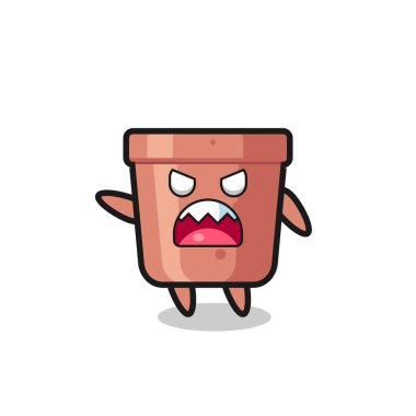 Çok kızgın poz veren sevimli bir çiçek saksısı karikatürü tişört, çıkartma, logo elementi için şirin bir tasarım.