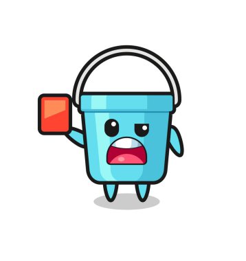 Plastik kova sevimli maskot hakem kırmızı kart veriyor, tişört, çıkartma, logo elementi için şirin bir tasarım.