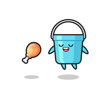 Şirin plastik kova yüzüyor ve kızarmış tavuk yüzünden cezbedildi. Tişört, çıkartma, logo elementi için şirin bir tasarım.