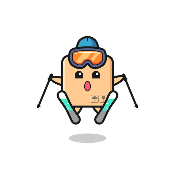 Cardboard Box Mascot Character Ski Player Cute Style Design Shirt — Stock Vector