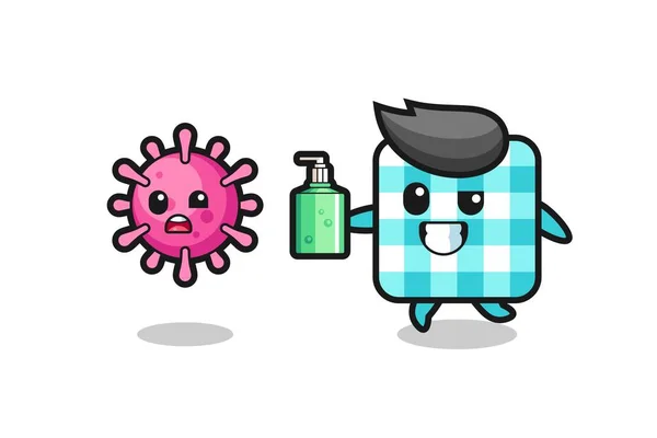 Illustration Checkered Tablecloth Character Chasing Evil Virus Hand Sanitizer Cute — Stock Vector