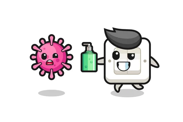 Illustration Light Switch Character Chasing Evil Virus Hand Sanitizer Cute — Stock Vector
