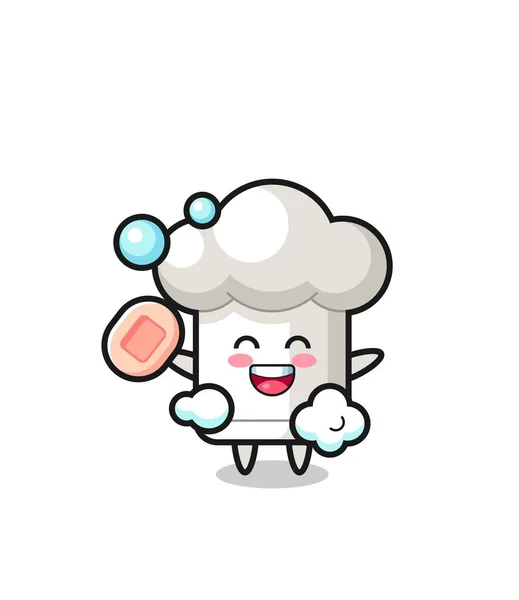 シェフ帽子のキャラクターが入浴中シャボン玉を持ちながらTシャツ ステッカー ロゴ要素のかわいいデザイン — ストックベクタ