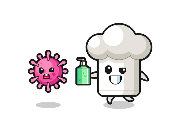 Illustration Chef Hat Character Chasing Evil Virus Hand Sanitizer Cute — Stock Vector