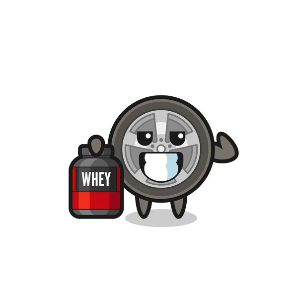 Muscular Car Wheel Character Holding Protein Supplement Cute Style Design — Stock Vector