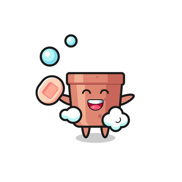 Flowerpot Character Bathing While Holding Soap Cute Style Design Shirt — Stock Vector