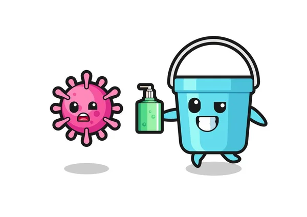 Illustration Plastic Bucket Character Chasing Evil Virus Hand Sanitizer Cute — Stock Vector