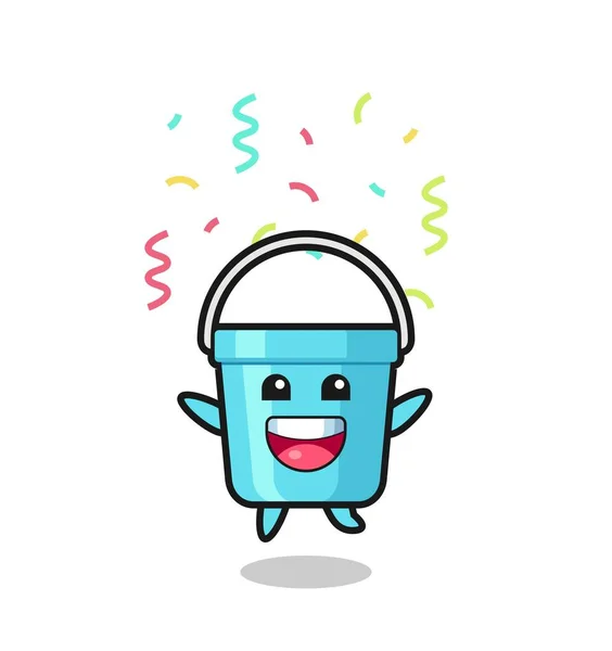 Feliz Cubo Plástico Mascota Saltando Para Felicitar Con Confeti Color — Vector de stock