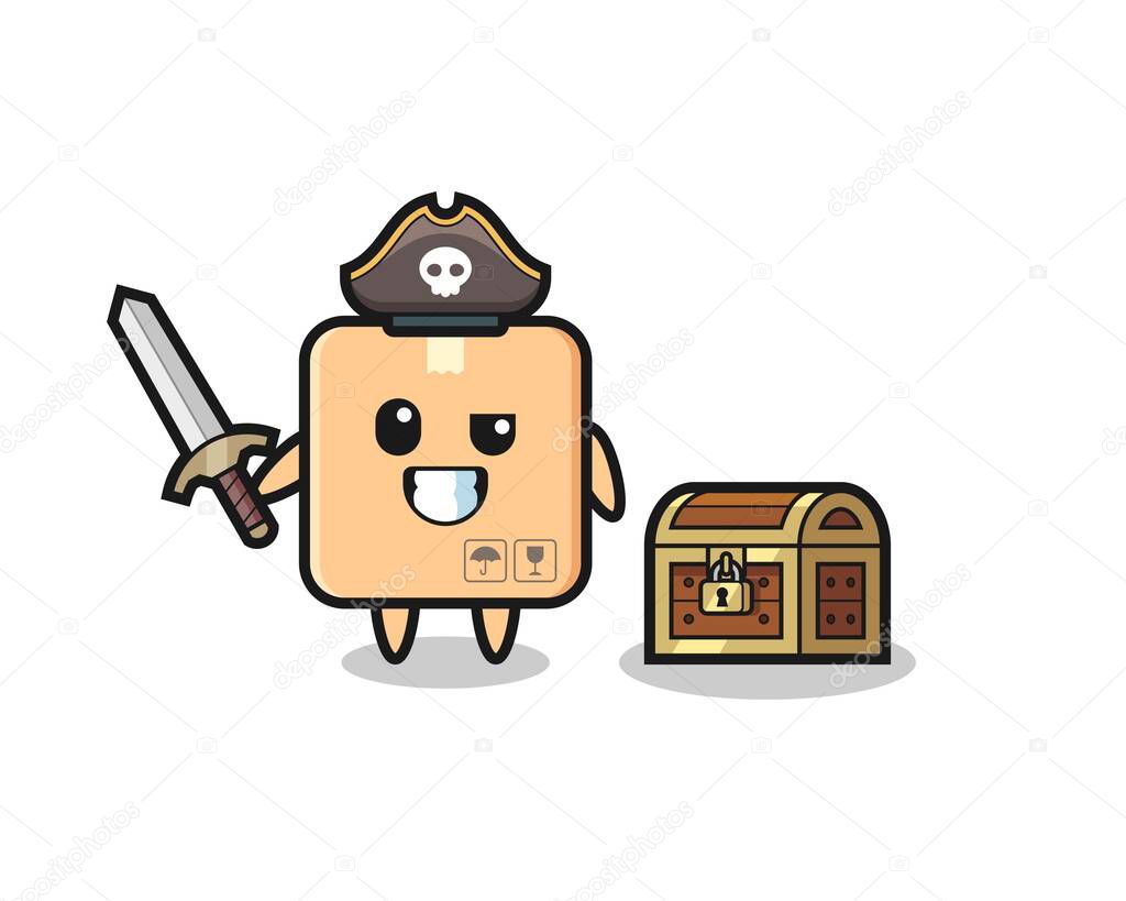 the cardboard box pirate character holding sword beside a treasure box , cute style design for t shirt, sticker, logo element