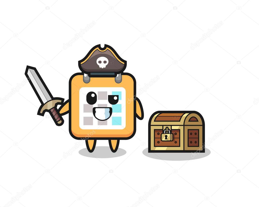 the calendar pirate character holding sword beside a treasure box , cute style design for t shirt, sticker, logo element