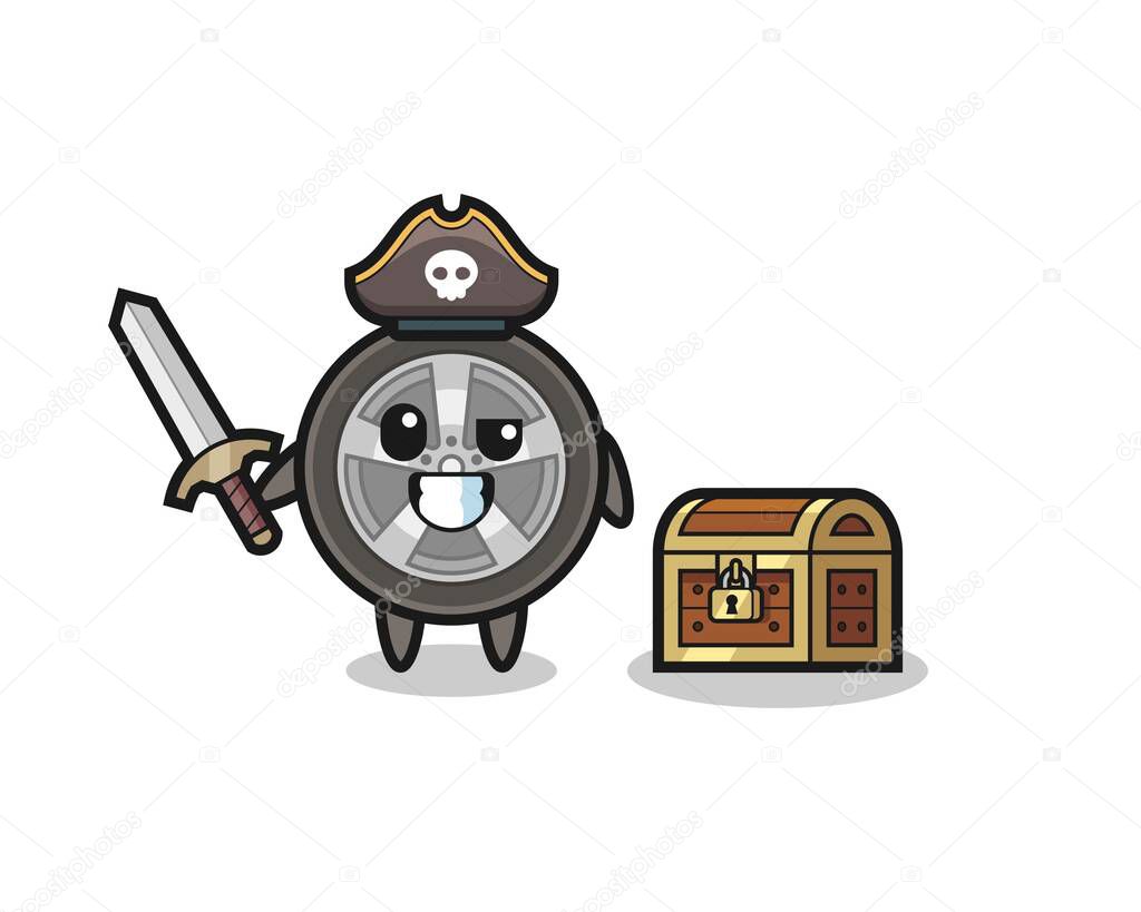 the car wheel pirate character holding sword beside a treasure box , cute style design for t shirt, sticker, logo element