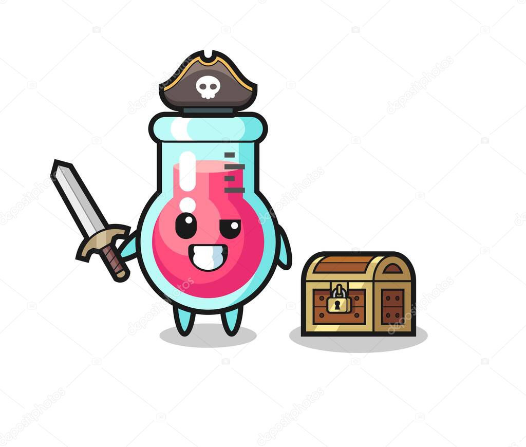 the laboratory beaker pirate character holding sword beside a treasure box , cute style design for t shirt, sticker, logo element