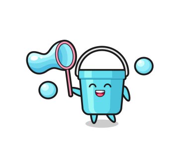 Mutlu plastik kova karikatürü sabun köpüğü oynuyor. Tişört, çıkartma, logo elementi için şirin bir tasarım.