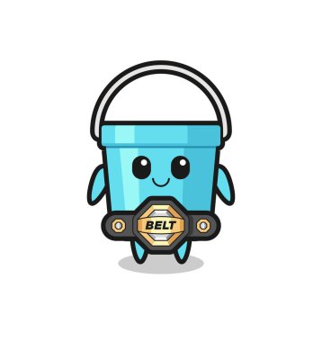 Kemerli MMA dövüşçüsü plastik kova maskotu. Tişört, çıkartma, logo elementi için şirin bir tasarım.