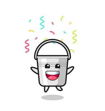 Renkli konfetiyle tebrik etmek için atlayan mutlu metal maskot tişört, çıkartma, logo elementi için şirin bir tasarım.