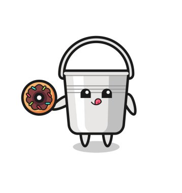 Tişört, etiket, logo elementi için tatlı bir tasarım olan çöreği yiyen metal bir kova karakterin çizimi