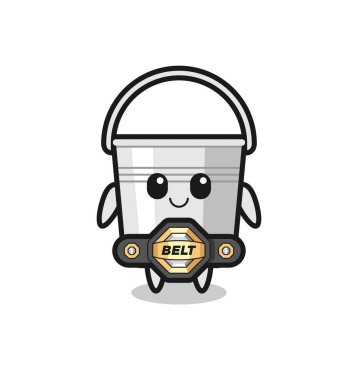 Kemerli MMA dövüşçüsü metal kova maskotu. Tişört, çıkartma, logo elementi için şirin bir tasarım.