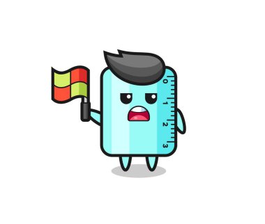 Cetvel karakteri çizgi hakimi olarak bayrağı kaldırıyor, tişört, etiket, logo ögesi için şirin bir tasarım.