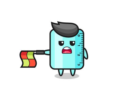 Çizgi yargıcı olarak cetvel karakter bayrağı yatay tutun, tişört, etiket, logo ögesi için şirin bir tasarım yapın