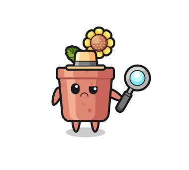 Dedektiflik yapan sevimli ayçiçeği saksısının maskotu tişört, çıkartma, logo elementi için şirin bir tasarım.