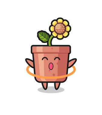 Şirin ayçiçeği saksısı çizgi filmi hula hoop oynuyor. Tişört, çıkartma, logo elementi için şirin bir tasarım.