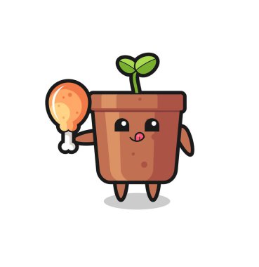 Şirin bitki maskotu kızarmış tavuk yiyor. Tişört, çıkartma, logo elementi için şirin bir tasarım.