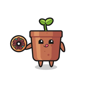 Tişört, etiket, logo elementi için şirin bir tasarım olan çöreği yiyen bir ot karakterinin çizimi