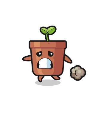 Korku içinde çalışan bitki saksısının çizimi, tişört, etiket, logo elementi için şirin bir tasarım