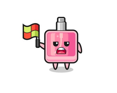 Parfüm karakteri çizgi hakemi olarak bayrağı kaldırıyor, tişört, çıkartma, logo elementi için şirin bir tasarım.