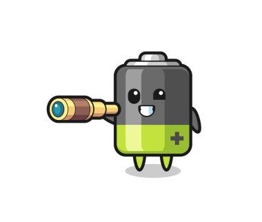 Şirin pil karakteri eski bir teleskop tutuyor. Tişört, çıkartma, logo elementi için şirin bir tasarım.