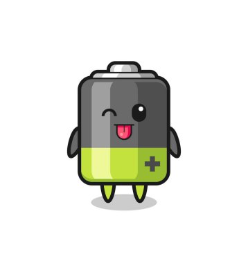 Dilini çıkarırken tatlı bir pil karakteri, tişört, çıkartma, logo elementi için şirin bir tasarım.