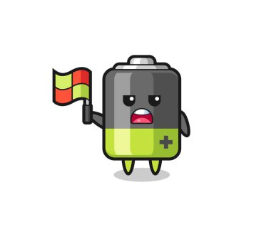 Batarya karakteri çizgi hakemi olarak bayrağı kaldırıyor, tişört, çıkartma, logo elementi için şirin bir tasarım.