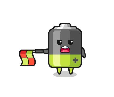 Çizgi hakimi olarak pil karakteri bayrağı yatay tutun, tişört, etiket, logo ögesi için şirin bir tasarım yapın