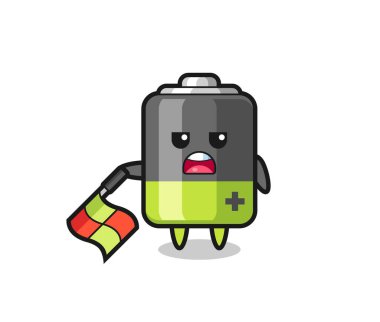 Batarya karakteri çizgi hakemi olarak bayrağı 45 derecelik açıyla tutun, tişört, etiket, logo elementi için şirin bir tasarım.