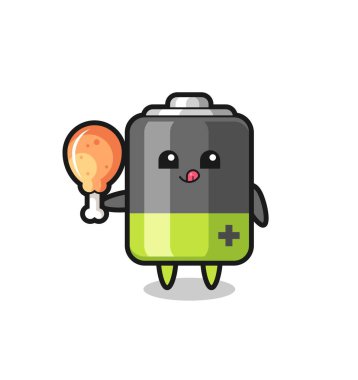 Şirin pil maskotu kızarmış tavuk yiyor. Tişört, çıkartma, logo elementi için şirin bir tasarım.