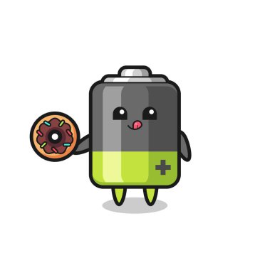 Tişört, çıkartma, logo elementi için şirin bir tasarım olan donut yiyen bir pil karakteri tasviri